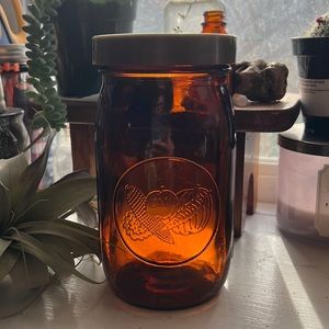 VINTAGE AMBER LONGLIFE WIDE MOUTH JAR W/ BEAN SPROUT LID
